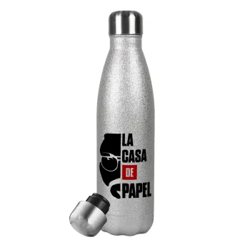 La casa de papel, Μεταλλικό παγούρι θερμός Glitter Aσημένιο (Stainless steel), διπλού τοιχώματος, 500ml