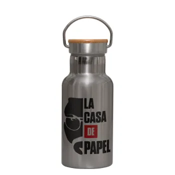 La casa de papel, Stainless steel metallic thermos flask, silver with a bamboo lid, double-walled, 350ml.