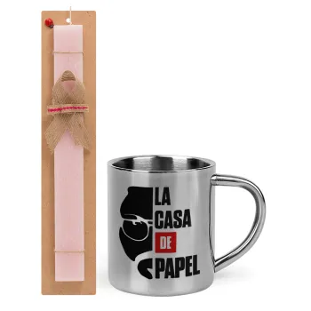 La casa de papel, Easter Set, metallic thermal cup (300ml) & aromatic flat Easter candle (30cm) (PINK)