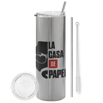 La casa de papel, Tumbler stainless steel Silver 600ml, with metal straw & cleaning brush