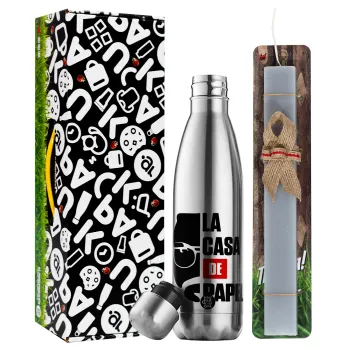 La casa de papel, Easter Set, metallic stainless thermos flask (500ml) & scented flat Easter candle (30cm) (GRAY)