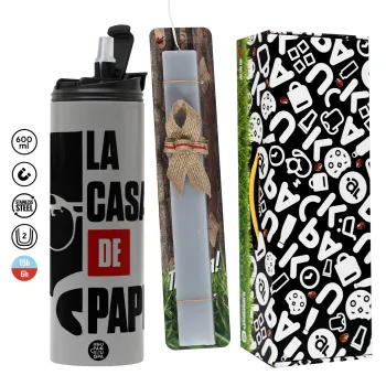 La casa de papel, Πασχαλινή Λαμπάδα με Travel Tumbler θερμό (600ml, BPA free) & κερί αρωματικό πλακέ (30cm) (ΓΚΡΙ)