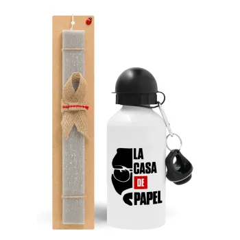 La casa de papel, Easter Set, metallic aluminum water bottle (500ml) & aromatic flat Easter candle (30cm) (GRAY)
