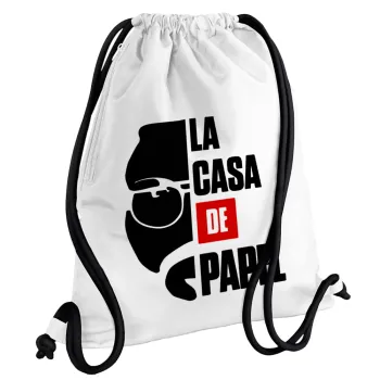 La casa de papel, Backpack pouch GYMBAG white, with pocket (40x48cm) & thick cords