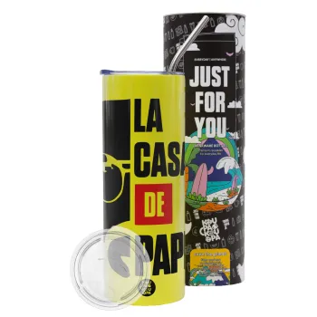 La casa de papel, Neon Yellow Travel Tumbler, with metal straw (Stainless steel 304 Food grade, BPA free, 600ml)