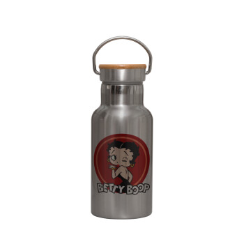 Betty Boop kiss, Stainless steel metallic thermos flask, silver with a bamboo lid, double-walled, 350ml.