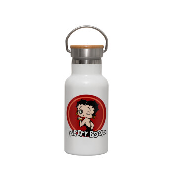Betty Boop kiss, Μεταλλικό παγούρι θερμός (Stainless steel) Λευκό με ξύλινο καπακι (bamboo), διπλού τοιχώματος, 350ml