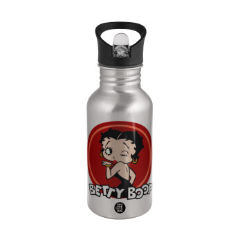Betty Boop kiss, Water bottle Silver with straw, stainless steel 500ml