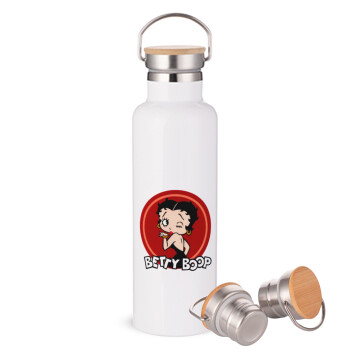 Betty Boop kiss, Stainless steel White with wooden lid (bamboo), double wall, 750ml
