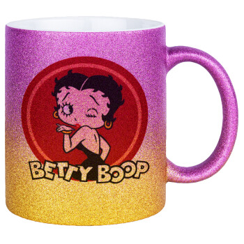 Betty Boop kiss, Κούπα Χρυσή/Ροζ Glitter, κεραμική, 330ml