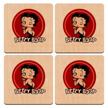 Betty Boop kiss, ΣΕΤ x4 Σουβέρ ξύλινα τετράγωνα plywood (9cm)