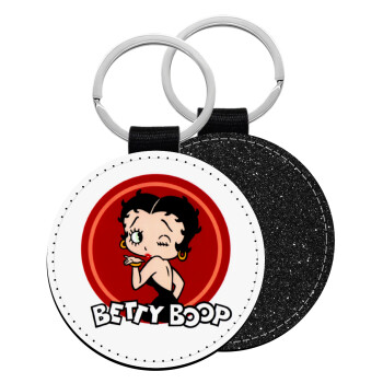 Betty Boop kiss, Μπρελόκ Δερματίνη, στρογγυλό ΜΑΥΡΟ (5cm)
