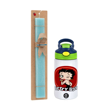 Betty Boop kiss, Easter Set, Children's thermal stainless steel bottle with safety straw, green/blue (350ml) & aromatic flat Easter candle (30cm) (TURQUOISE)