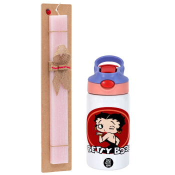 Betty Boop kiss, Easter Set, Children's thermal stainless steel water bottle with safety straw, pink/purple (350ml) & Easter scented flat candle (30cm) (PINK)