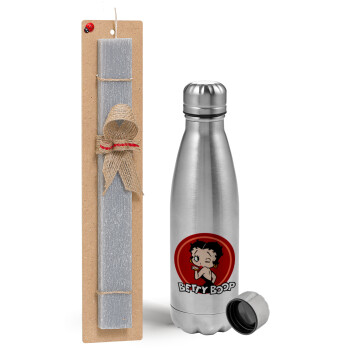 Betty Boop kiss, Easter Set, metallic Inox water bottle (750ml) & aromatic flat Easter candle (30cm) (GRAY)