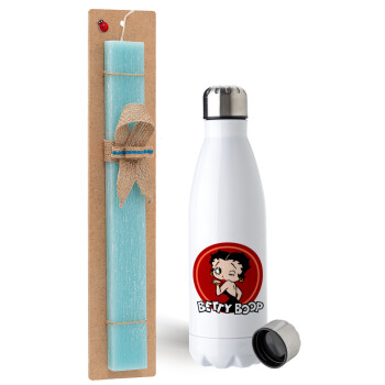 Betty Boop kiss, Easter Set, metallic stainless steel water bottle (750ml) & aromatic flat Easter candle (30cm) (TURQUOISE)