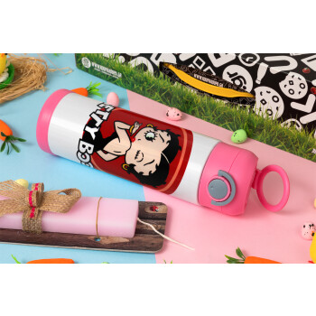 Betty Boop kiss, Πασχαλινή Λαμπάδα με Παιδικό παγούρι θερμό, ανοξείδωτο, με καλαμάκι ασφαλείας, ΡΟΖ (500ml)