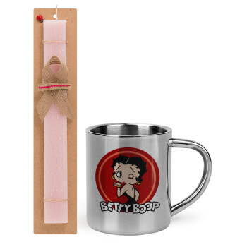 Betty Boop kiss, Easter Set, metallic thermal cup (300ml) & aromatic flat Easter candle (30cm) (PINK)
