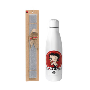 Betty Boop kiss, Easter Set, metallic stainless thermos bottle (500ml) & scented flat Easter candle (30cm) (GRAY)