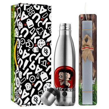 Betty Boop kiss, Easter Set, metallic stainless thermos flask (500ml) & scented flat Easter candle (30cm) (GRAY)