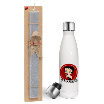 Betty Boop kiss, Πασχαλινή λαμπάδα, μεταλλικό παγούρι θερμός λευκός (500ml) & λαμπάδα αρωματική πλακέ (30cm) (ΓΚΡΙ)