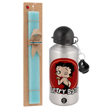 Betty Boop kiss, Πασχαλινή Λαμπάδα με παγούρι μεταλλικό Ασημένιο αλουμινίου (500ml) & κερί αρωματικό πλακέ (30cm) (ΤΙΡΚΟΥΑΖ)