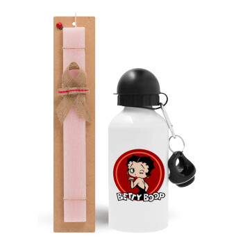 Betty Boop kiss, Πασχαλινό Σετ, παγούρι μεταλλικό αλουμινίου (500ml) & πασχαλινή λαμπάδα αρωματική πλακέ (30cm) (ΡΟΖ)