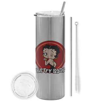 Betty Boop kiss, Eco friendly stainless steel Silver tumbler 600ml, with metal straw & cleaning brush