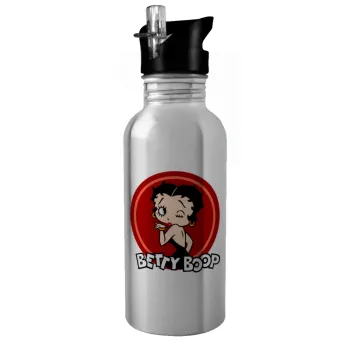 Betty Boop kiss, Water bottle Silver with straw, stainless steel 600ml