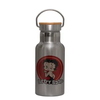 Betty Boop kiss, Stainless steel metallic thermos flask, silver with a bamboo lid, double-walled, 350ml.