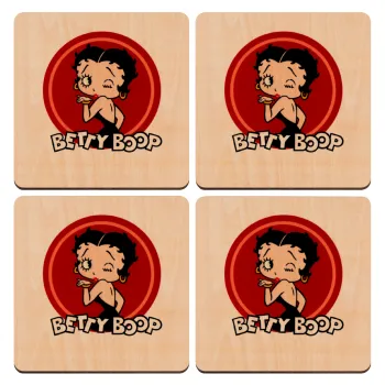Betty Boop kiss, ΣΕΤ x4 Σουβέρ ξύλινα τετράγωνα plywood (9cm)