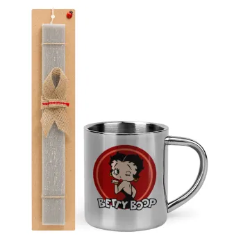 Betty Boop kiss, Πασχαλινή Λαμπάδα με μεταλλική κούπα θερμό (300ml) & κερί αρωματικό πλακέ (30cm) (ΓΚΡΙ)