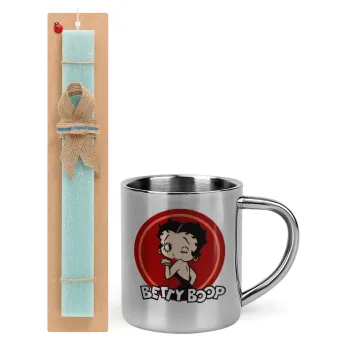 Betty Boop kiss, Easter Set, metallic thermal cup (300ml) & aromatic flat Easter candle (30cm) (TURQUOISE)