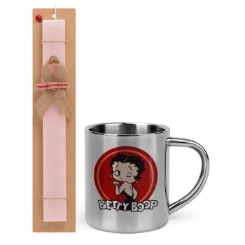 Betty Boop kiss, Easter Set, metallic thermal cup (300ml) & aromatic flat Easter candle (30cm) (PINK)