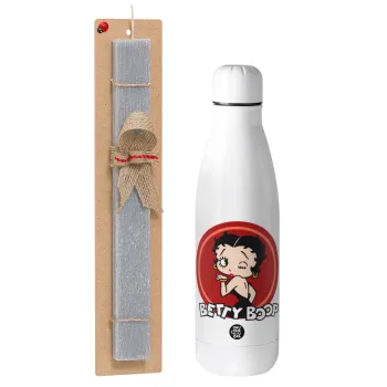 Betty Boop kiss, Πασχαλινή Λαμπάδα με μεταλλικό παγούρι θερμός ανοξείδωτο (500ml) & κερί αρωματικό πλακέ (30cm) (ΓΚΡΙ)