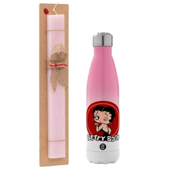 Betty Boop kiss, Easter Set, Metallic pink/white (Stainless steel) thermos, double-walled, 500ml & aromatic flat Easter candle (30cm) (PINK)