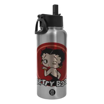 Betty Boop kiss, Μεταλλικό παγούρι θερμός Silver με καλαμάκι και χερούλι (Stainless steel), διπλού τοιχώματος, 950ml
