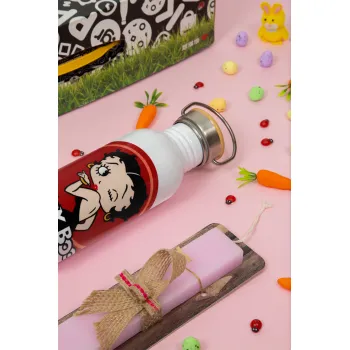 Betty Boop kiss, Πασχαλινή Λαμπάδα με παγούρι μεταλλικό (620ml, stainless steel) & κερί αρωματικό πλακέ (30cm) (ΡΟΖ)