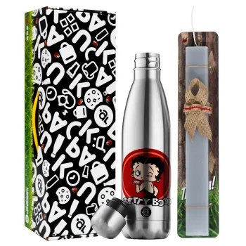 Betty Boop kiss, Easter Set, metallic stainless thermos flask (500ml) & scented flat Easter candle (30cm) (GRAY)