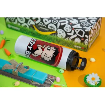 Betty Boop kiss, Easter candle,Travel Tumbler 2 Lids, with metal straw & cleaning brush & aromatic flat candle (30cm) (BLUE)