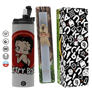 Betty Boop kiss, Πασχαλινή Λαμπάδα με Travel Tumbler θερμό (600ml, BPA free) & κερί αρωματικό πλακέ (30cm) (ΓΚΡΙ)