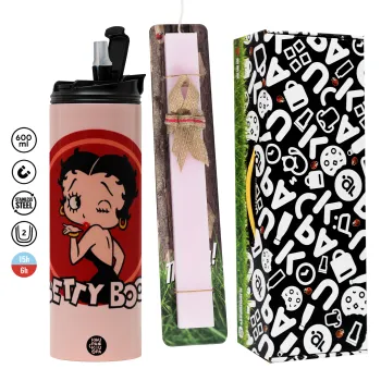Betty Boop kiss, Easter candle,Travel Tumbler 2 Lids, with metal straw & cleaning brush & aromatic flat candle (30cm) (PINK)