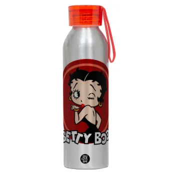 Betty Boop kiss, Αλουμινένιο Αθλητικό Μπουκάλι 650ml – Ασημί με Κόκκινο Καπάκι και Λουράκι Σιλικόνης