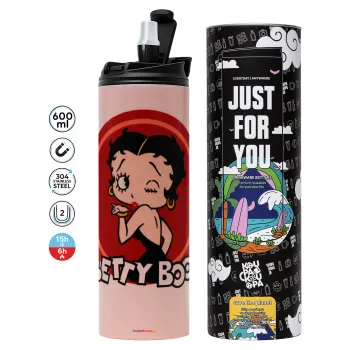 Betty Boop kiss, Tumbler ποτήρι θερμό ΡΟΖ από ανοξείδωτο ατσάλι 600ml