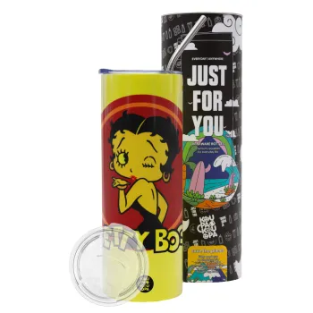 Betty Boop kiss, Neon Yellow Travel Tumbler θερμό, μεταλλικό καλαμάκι(Ανωξείδωτο 304 Food grade, BPA free, 600ml)