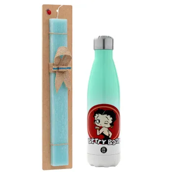 Betty Boop kiss, Easter Set, Metallic green/white thermos (Stainless steel), double-walled, 500ml & scented flat Easter candle (30cm) (TURQUOISE)