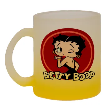 Betty Boop kiss, Κούπα γυάλινη δίχρωμη με βάση το κίτρινο ματ, 330ml