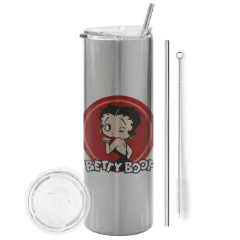 Betty Boop kiss, Tumbler ποτήρι θερμό Ασημένιο από ανοξείδωτο ατσάλι 600ml, με μεταλλικό καλαμάκι & βούρτσα καθαρισμού