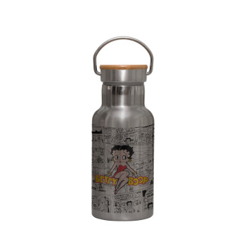 Betty Boop, Stainless steel metallic thermos flask, silver with a bamboo lid, double-walled, 350ml.