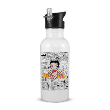 Betty Boop, Παγούρι νερού Λευκό με καλαμάκι, ανοξείδωτο ατσάλι 600ml